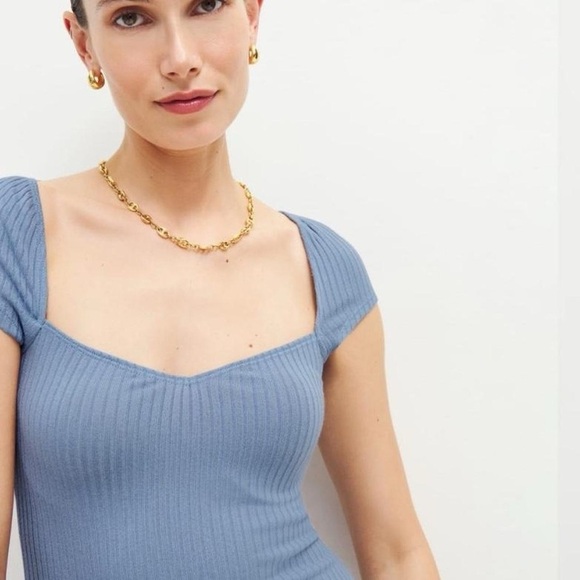 NWT Reformation Blue Percy Cap Sleeve Bodycon Ribbed Mini Dress - Picture 3 of 8